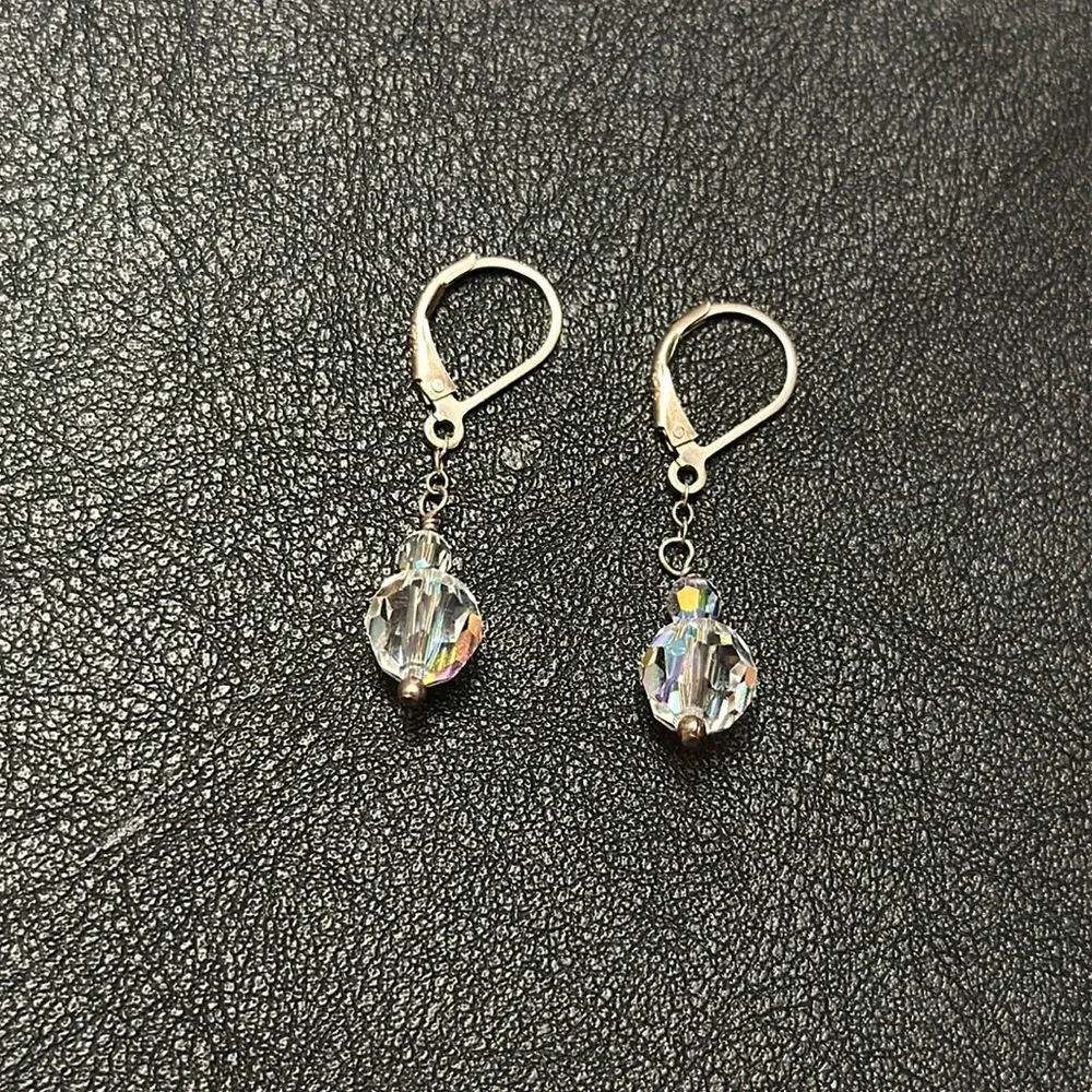 925 Silver Wire Hook Lever Back AB Clear Crystal Dangle Vintage Earrings